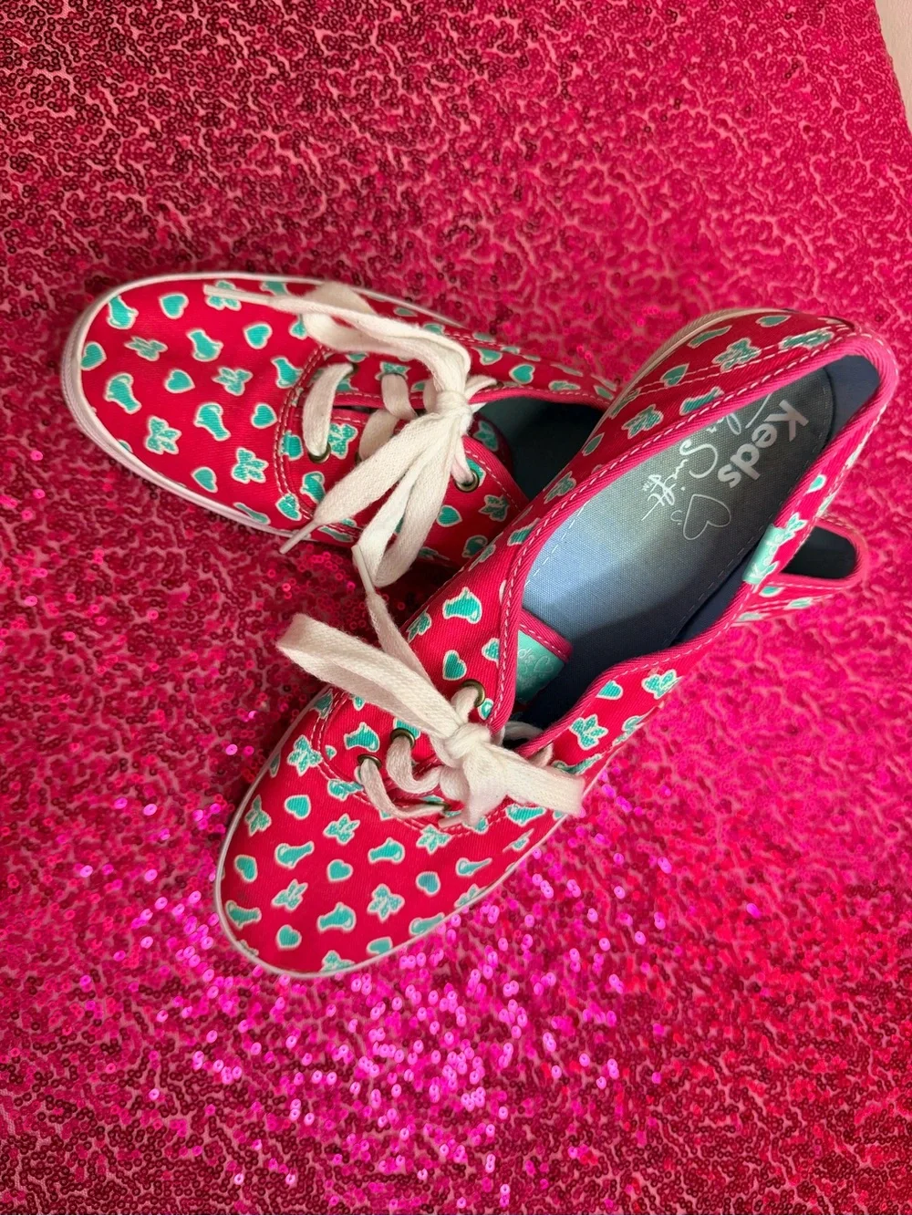 Keds Pink Canvas Taylor Swift Sneakers with Teal Heart Print